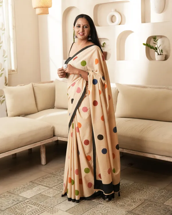 Multicolour_Cotton_Color_Polka_Dot_Mul_Saree_With_Tassels_For_Women